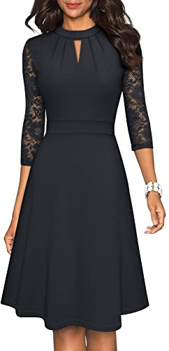 HOMEYEE Damen Elegant Hollow Out Spitze Swing Retro Party Cocktailkleid A234