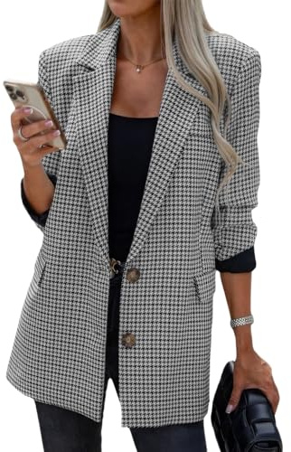 ebossy Damen Casual Oversized Blazer Anzug Revers Knopf Plaid Arbeit Büro Jacke Wolle Erbsenmantel, GRAU, M
