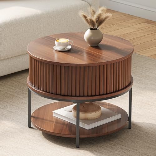 YITAHOME Couchtisch Rund, Couchtisch mit 2-stufigem Stauraum, Couchtische mit Schiebetüren im Tambour-Design für das Wohnzimmer, Couchtische aus Holz, Walnuss
