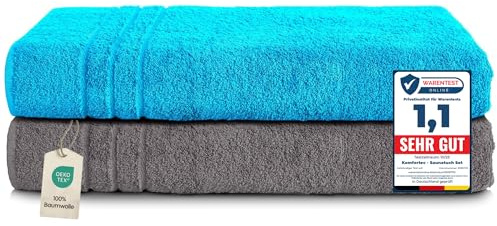 Komfortec 2er Saunahandtuch Set 80x200 cm, Große Saunatücher aus 100% Baumwolle, Sauna Handtücher, Flauschig und Saugstark, Schnelltrocknend, Anthrazit Grau/Türkis