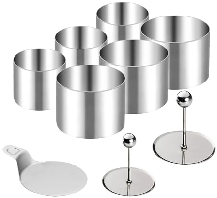 FLEAGE 6 Stück Dessertringe und Speiseringe Set，dessertringe 8cm und 6cm，servierringe Edelstahl Set，Stampfer und Mousse Schablonen für Kochen Backen Mousse