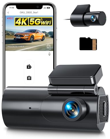 GKU Dashcam Auto Vorne Hinten 4K+1080P, 5GHz WiFi Dashcam mit 64GB SD Karte | Auto Kamera mit Super Nachtsicht, WDR, 170° Weitwinkel, Parküberwachung, G-Sensor, Loop-Aufnahme, APP Steuerung, Max 256GB