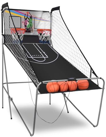 COSTWAY 8 in 1 Basketballautomat, elektrischer Baskeltballständer klappbar, Schießmaschine mit 4 Bällen, 8 Spielmodi, Luftpumpe für 2 Spieler, Arcade Basketballspiel für Kinder Erwachsene