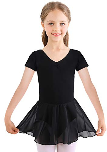 Bezioner Kinder Ballettkleidung Mädchen Ballettkleid Kurzarm Balletttrikot Ballettanzug Tanzkleid Tanzbody aus Baumwolle mit Chiffon Rock Tütü 140