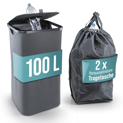 EASYmaxx Pfandflaschen Sammelbehälter 100 L mit 2 herausnehmbaren Tragetaschen | Flaschen Aufbewahrung für Altglas & Leergut | Behälter für Leergut | Flaschensammler für Küche & Abstellraum