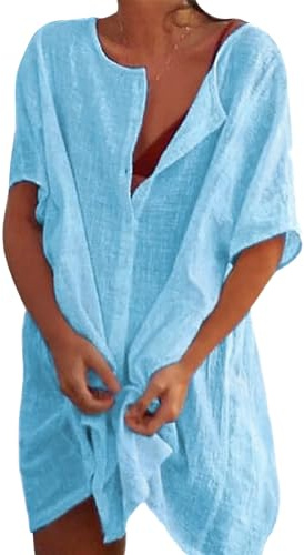 Figarge Damen Strandkleid Bikini Cover Up mit Rund Ausschnitt Knopfleiste Kurzarm Ärmel Sommerkleid Sommer Strandurlaub Badeanzug Strandtunika Vertuschen Shirt für Urlaub