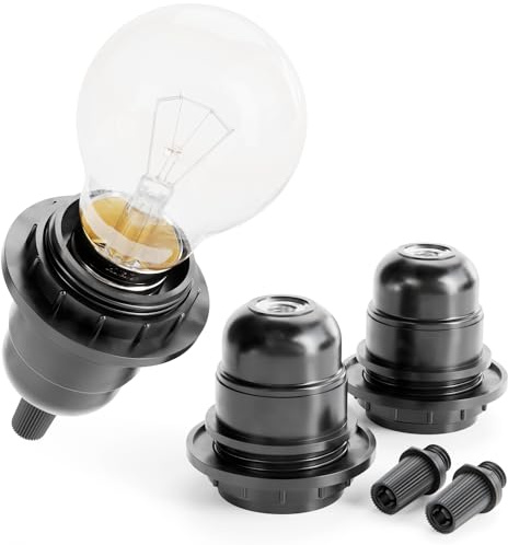 greate E27 Fassung schwarz mit Schirmträgerring & Gewinde | 3er Pack Lampenfassung E27 - Glühbirnen Fassung 250V 60W aus Kunststoff für Lampenschirm - Light Bulb Socket