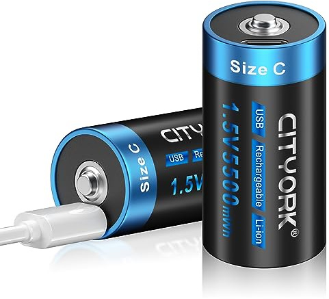 CITYORK USB-C Baby Typ C Batterien Wiederaufladbar LR14 Batterie 1,5v 5500mWh, Lithium Schnellladung Typ-C mit Ladekabel, mit Ladelicht