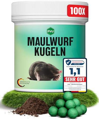 PVU MAULWURF Kugeln 100 Stück - Maulwurf Vertreiber & Wühlmausschreck - Sofort-& Langzeitwirkung - EUKALYPTUS Zitrone Duft - Effektives Mittel gegen Maulwürfe & Wühlmäuse - biologisch abbaubare Kugeln