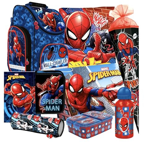 Schultasche Spiderman 9 Teile Set Schulranzen Ranzen Spider-Man Schulrucksack Federmappe Tasche Schultüte 85 cm Tornister mit Sticker-von-Kids4shop