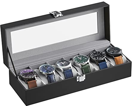 SONGMICS JWB06BK Uhrenbox mit 6 Fächern, Schatulle, mit Glasdeckel, abnehmbare Polster, Schloss aus Metall, schwarz beschichtet und Futter in Grau