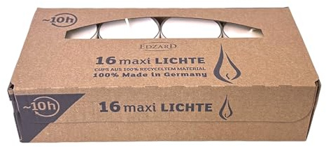 EDZARD 16 Stück Maxi Teelichter, Durchmesser 54 mm, weiß, durchsichtige farblose Kunststoffhülle, ohne Duft, Brenndauer 10 Stunden