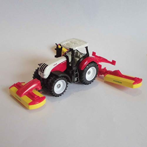 Siku 1672, Steyr Traktor mit Pöttinger Mähwerkskombination, Metall/Kunststoff, Rot, Spielzeugfahrzeug für Kinder