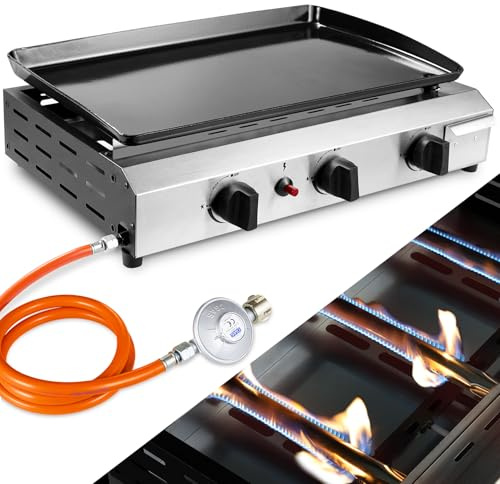 LIFERUN Gas Plancha Grillplatte,Kompakt Tischgasgrill,3 Brenner Gasgrill Edelstahl(7,2 KW (25000 BTU),Keramische Lackbeschichtung Grillfläche,Tragbarer Balkon Camping Picknick BBQ Grill(Butan/Propan)