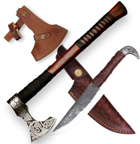 CraftTal-Wikinger Axt und Rabankopf Messer 2in1 Set Beil Axt Hochwertige Wikinger Axt Handgeschmiedet Outdoor Survival Axt mit Leder Schutz