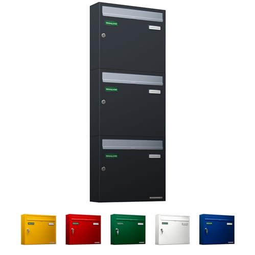 AL Briefkastensysteme Basic 3er Briefkasten RAL 7016 Anthrazit Grau/Einwurfklappe RAL 9006 Weiß Aluminium 3 Fach DIN A4 wetterfest mit Posthaltebügel und 2 Namensschildern