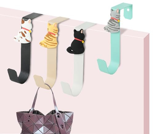 KASESSS 4Stück Türhaken, Türhaken zum Einhängen, Niedliche Katze Türgarderobe, Kleiderhaken Tür Erforderlich Türgarderobe zum Einhängen Kein Bohren Türhakens Innenseite Tür Garderobe Allgemeiner Zweck