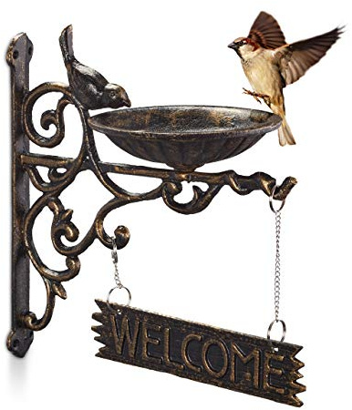 Relaxdays Vogeltränke Gusseisen, Welcome Schild, Gartendeko, Bronze | Wandmontage, Vintage, Wasserschale für Wildvögel