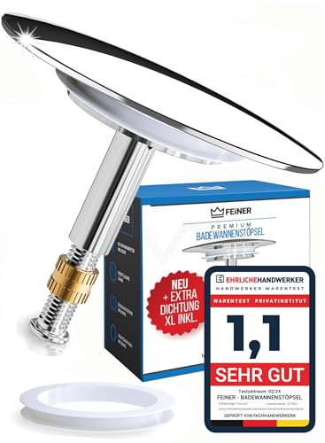FEINER® [2-TLG.] Badewannenstöpsel Universal Passform - Badewannen Stöpsel Verschluss Ø 72 mm - Rostfrei Verstellbarer Stöpsel Badewanne - für Jede Badewanne Dicht + GRATIS Alternativdichtung