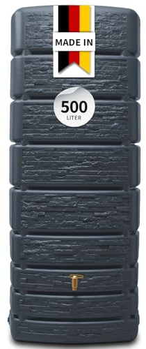 4rain Slim Stone Decor Regentonne Wandtank 500 Liter Graphite Grey - schmale Steinoptik für den Garten - Moderne Wasserentnahme mit Auslaufhahn - nachhaltige Aufstellung an der Hauswand mit Öffnung
