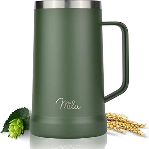 Milu Bierkrug Edelstahl isoliert | Bierglas mit Deckel | Thermobecher mit Henkel | Bier Geschenk für Männer, Papa | hält 7 Stunden kalt (700ml, Olivgrün)