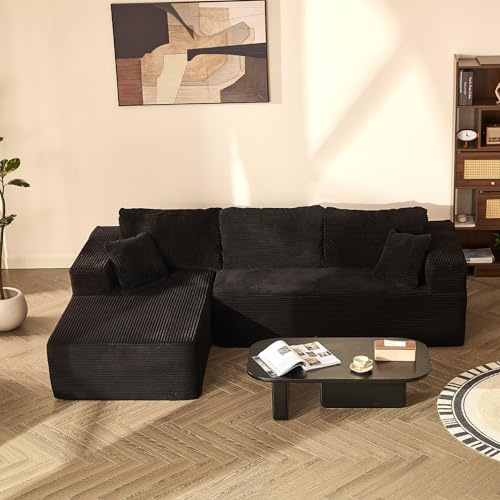 Litbird Modulares L-förmiges Ecksofa mit Schlaffunktion – rahmenloses Schlafsofa mit Chaiselongue Links, extra tiefer Sitzfläche, montagefrei, für Wohnzimmer,Schwarz