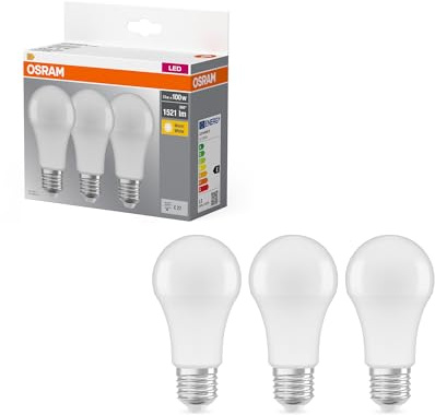 Osram LED Base Classic A Lampe, in Kolbenform mit E27-Sockel, nicht dimmbar, Ersetzt 100 Watt, Matt, Warmweiß - 2700 Kelvin, 3 Stück (1er Pack)
