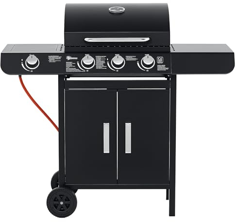 Outsunny Gasgrill 11,6 KW Grillwagen inkl 4 Edelstahl-Brenner Thermometer Kochplatte Flaschenöffner Seitenablagen,BBQ Gartengrill für Balkon 110 x 50 x 100 cm