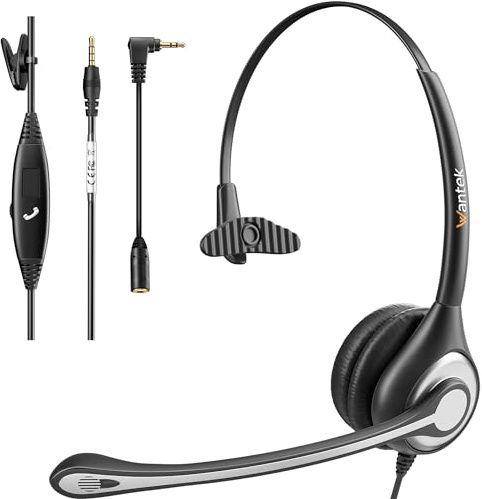 Wantek PC Headset Handy mit Mikrofon & Lautstärkeregler, PC Kopfhörer 3,5mm Klinke für iPhone Laptop Tablet Homeoffice Skype Business Call Center Webinar Videokonferenzen, Klar Chat, Super Leicht
