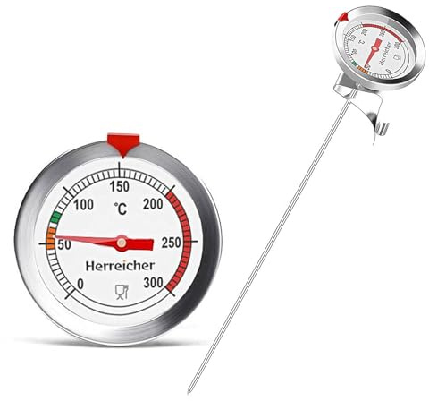 Herreicher Frittierthermometer 300°C mit 23cm 304 Edelstahlsonde - 360° verstellbarer Clip, Analoges Grillthermometer mit 52mm Zifferblatt & 3-Farb-Zonen für Fleisch Öl Konfitüre