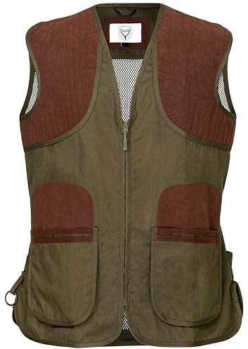 Schießweste Herren Classic Trap Skeet Jagdweste – Atmungsaktive Baumwolle mit Mesh Rücken, rutschfeste Schulterbesätze, große Fronttaschen & Rückentasche – Tontaubenschießen Schießstand Weste Grün