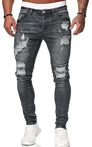 Osheoiso Herren Destroyed Stretch Jeans Coole Schwarze Mode Jeans Skinny Ripped Slim Fit Hip Hop Hose Mit Löchern Für Männer Reißverschluss Jeans Party Freizeithose