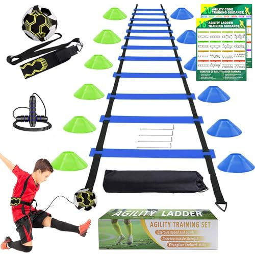 BJNCDIO Fussball Trainingszubehör, 6m Koordinationsleiter, 12 Hütchen, Fußballtrainer und Springseil, Fussball Trainingsset Sachen, Fußball Geschenke für Jungs Kinder