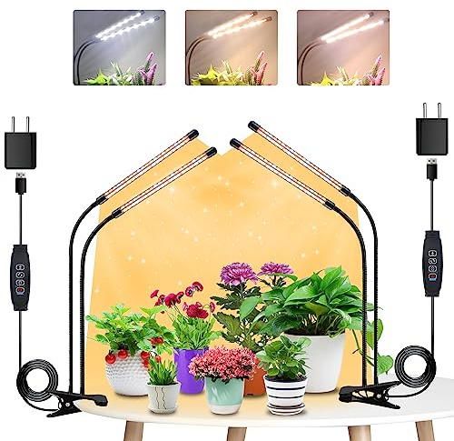 Niello LED Pflanzen-Wachstumslampe, Pflanzenlicht, Timer & 10 Dimmstufen | 2+2 Köpfe, 3 Farbmodi, 10 Helligkeiten, Zeitschaltuhr (3/9/12h), für Innenpflanzen, Anzucht & Gewächshaus