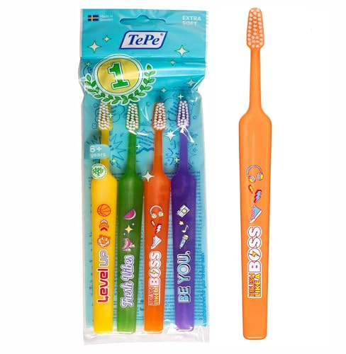 TePe Select Compact Zahnbürste, Kinder Extra Soft, Mixed Pack, 4 Stk., Kinderzahnbürste, Zahnbürste mit weichen Borsten für eine sanfte und effiziente Reinigung