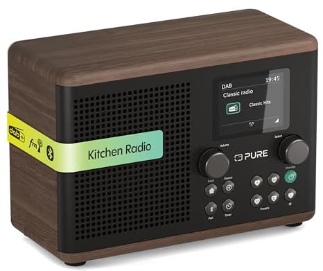 Pure Classic H4 DAB+ Radio – Digitalradio mit Bluetooth 5.3, 10W Lautsprecher, 2.4'' TFT‑Farbdisplay, Küchen‑Timer, Wecker, 80 Sender, AUX‑In, USB, stilvolles Küchenradio Kaffeebraun/Walnuss