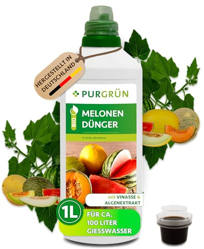 Purgrün® Bio-Melonen-Dünger 1 Liter – Organische Rezeptur – Premium-Flüssigdünger – NPK 4+1+7 – Mit Algenextrakt & Vinasse – Extra Kalium für große, süße Melonen – Ohne tierische Inhaltsstoffe