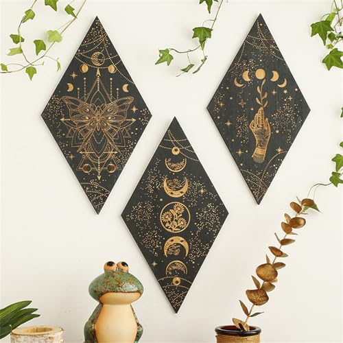 Ueiwffzo Mondphasen Wanddeko Mandala Holz Boho Wand Deko Wanddekoration Kunstdekoration Wandbehang für Schlafzimmer Esszimmer Wohnzimmer Büro Küche Korridor (A+B+C)