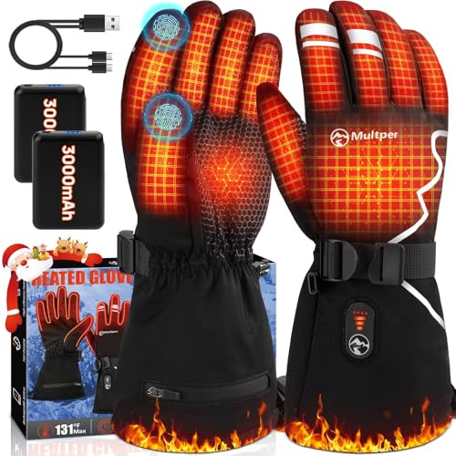 Beheizbare Handschuhe für Herren Damen,Multper Elektrische Beheizte Handschuhe Wärmefunktion mit USB Aufladbare Akku 3000mAhx2,3-Stufigem,wasserdichte Touchscreen für Wandern,Radfahren,Skifahren - L