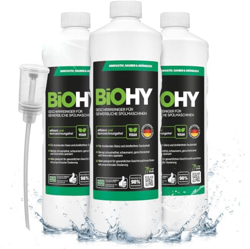 BiOHY Geschirrspülmittel Spülmaschine gewerblich (3 x 1 Liter) mit Dosierer | Maschinenspülmittel für Gläser, Besteck und Töpfe, phosphatfrei und ergiebig – auch für Hauben- und Gläserspülmaschinen