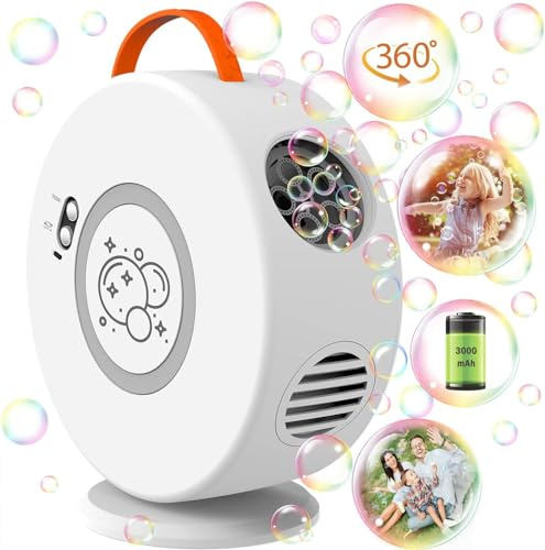 Seifenblasenmaschine Automatischer 90°/360°Drehbar, Tragbare Blasenmacher für Kinder, Schwarz Blasenmaschine, Elektrisches Blasenspielzeug für Outdoor/Hochzeit/Geburtstag Party (LED) (Weiß)