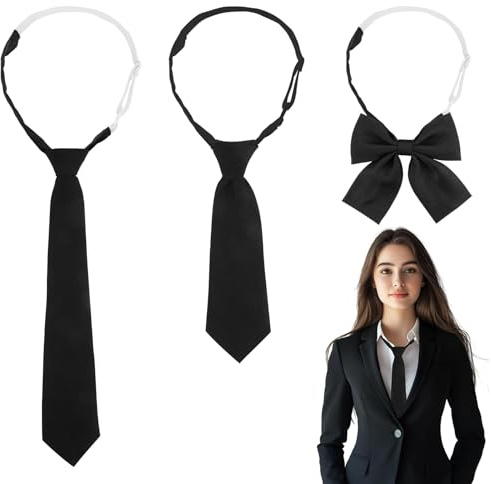 RRICHH Set aus 3 Schwarzen Krawatten für Damen Fliege Verstellbare JK Krawatten für Mädchen Lange Schlanke Krawatte Eleganz für Formal Hochzeiten Arbeit Party Geschäft Abschlussgeschenke für Frauen