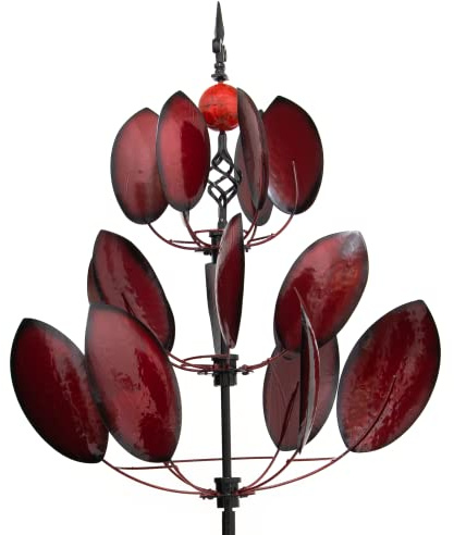 HAFIX Windrad Windrose Ø 62 cm, 202 cm hoch, Metall, rot-schwarz, 3D-Deko | Wetterfestes 3D-Windspiel aus pulverbeschichtetem Metall mit Erdspieß und Höhenverstellung für Garten, Terrasse und Balkon.
