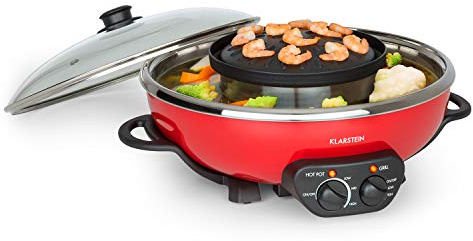 Klarstein Szechuan - Hot Pot und Grillplatte, Hot Pot Topf Volumen: 5 Liter, Hot Pot Grill 1350 Watt / 38 cm Ø, Grillplatte: 600 Watt / 22 cm Ø, Heizelement aus Aluminium, rot