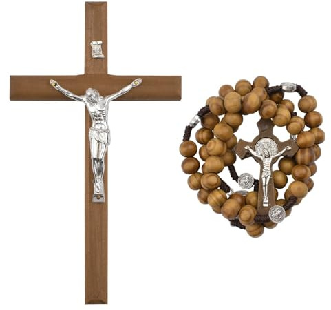 CRAFFANCY Kreuz-Set mit Kruzifix, Rosenkranz Katholisch Halskette aus Holz mit Kreuz Zum Aufhängen, Christus Wandkreuz, Katholisches Cross, Jesus holzkreuz für Innendekoration, Kommunion