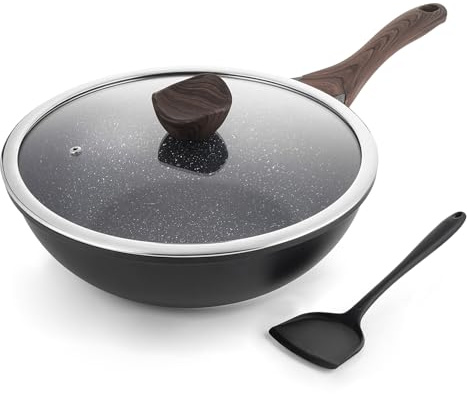 Kordisen Wokpfanne induktion, 30 cm Wok mit Deckel, Aluminiumguss, Beschichtung in Steinoptik, kompatibel mit allen Herden, PFOA-frei, Schwarz
