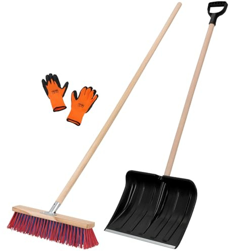 KOTARBAU® Set Schneeschaufel mit Holzstiel 131 cm Straßenbesen 43 cm + Handschuhe Schneeschieber Snow Shovel Gartenbesen mit Stiel draußen Schneeschaufel Auto Holz Stiel zur Schneeräumung