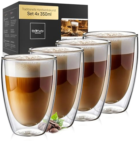 ElbFuchs® Doppelwandige Latte Macchiato Gläser Set [4x 350ml in GASTRO-QUALITÄT] Kristallklare Thermogläser doppelwandig | Ideal als Cappuccino Gläser | Kaffegläser | Teegläser