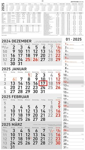 Zettler - 4-Monatskalender Kombi 2025, 33x45cm, Bürokalender mit Jahresübersicht, Datumsschieber, faltbar, 4 Monate auf einen Blick, Feiertage/Ferientermine DE/AT/CH und deutsches Kalendarium