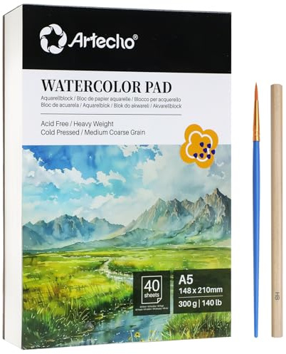 Artecho Aquarellpapier A5 300g 40 Blatt mit Aquarellpinsel und Bleistift, Weiß Aquarellblock 21×14.8 cm, Malblock für Aquarell, Acryl, Zeichnen, Malen.